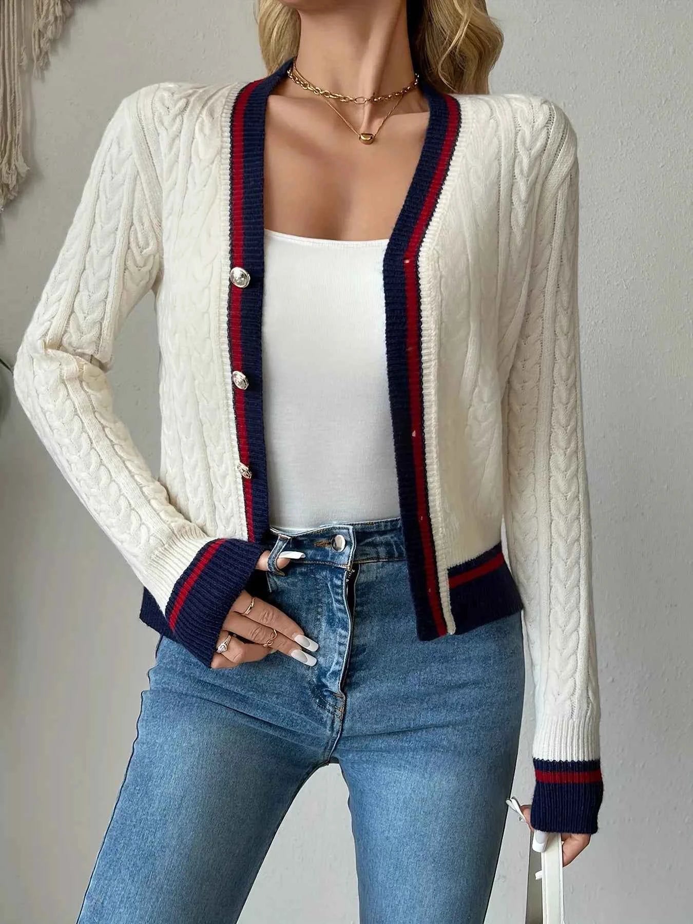 Contrast Trim Cable Knit Cardigan
