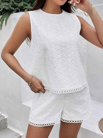 Eyelet Round Neck Top and Shorts Set