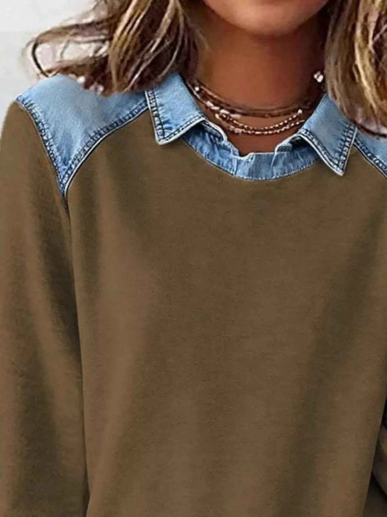 Full Size Denim Trim Long Sleeve Top Plus Size