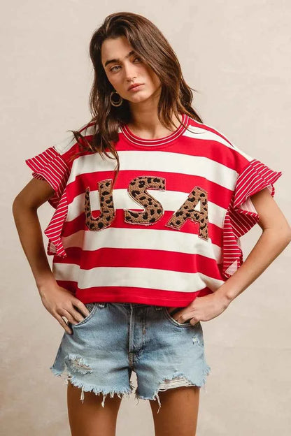 BiBi Stripe Mixed Ruffle Sleeve Top With Leopard Letter