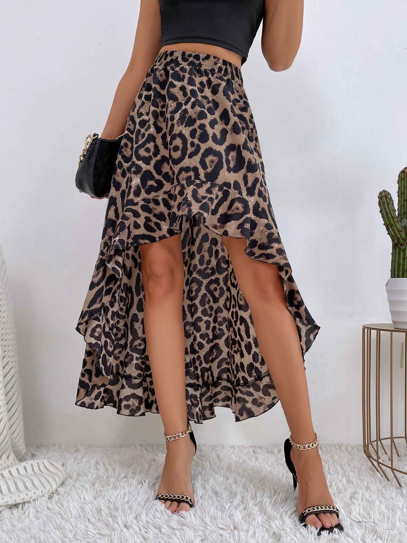 Leopard Print Ruffle Hem High-Low Skirt