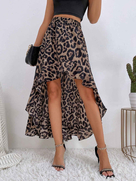 Leopard Print Ruffle Hem High-Low Skirt