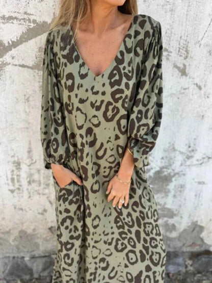 Full Size Printed V-Neck Dress with Pockets Plus Size