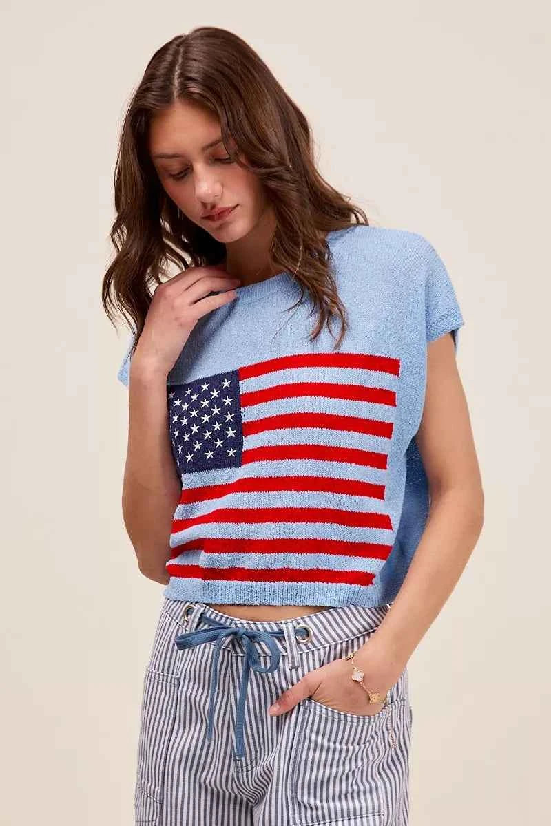 SO ME Fourth Of July American Flag Boxy Fit Sweater Top