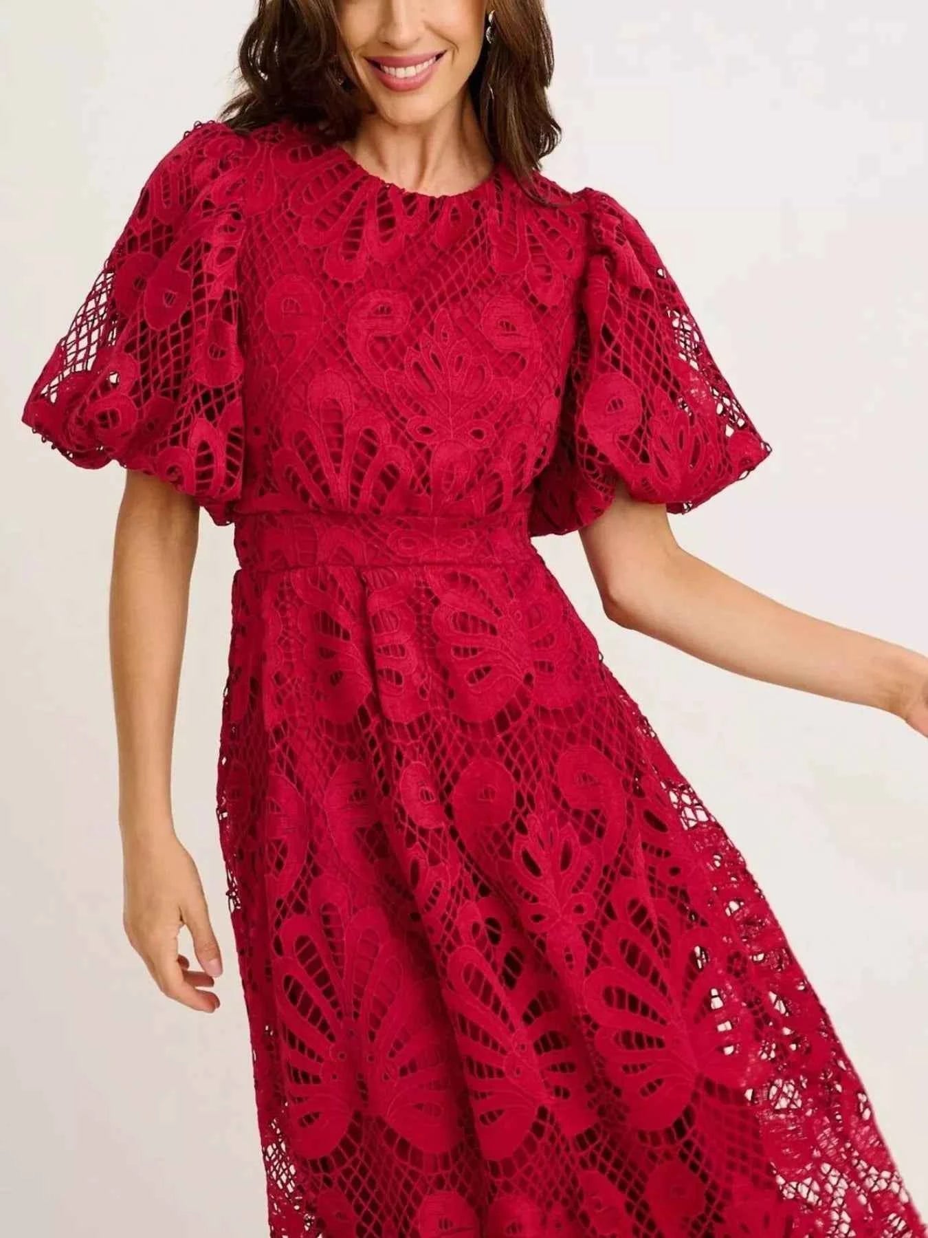 Lace Puff Sleeve Midi Dress