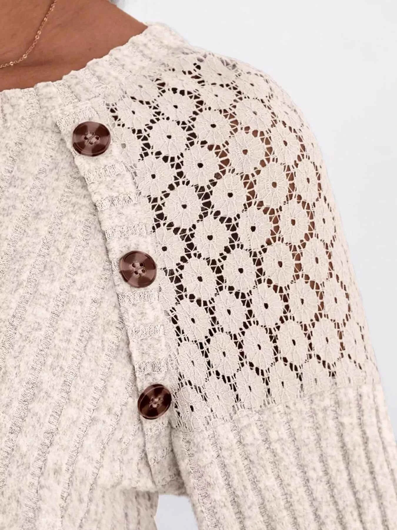 Ribbed Knit T-Shirt with Lace Shoulder Detail