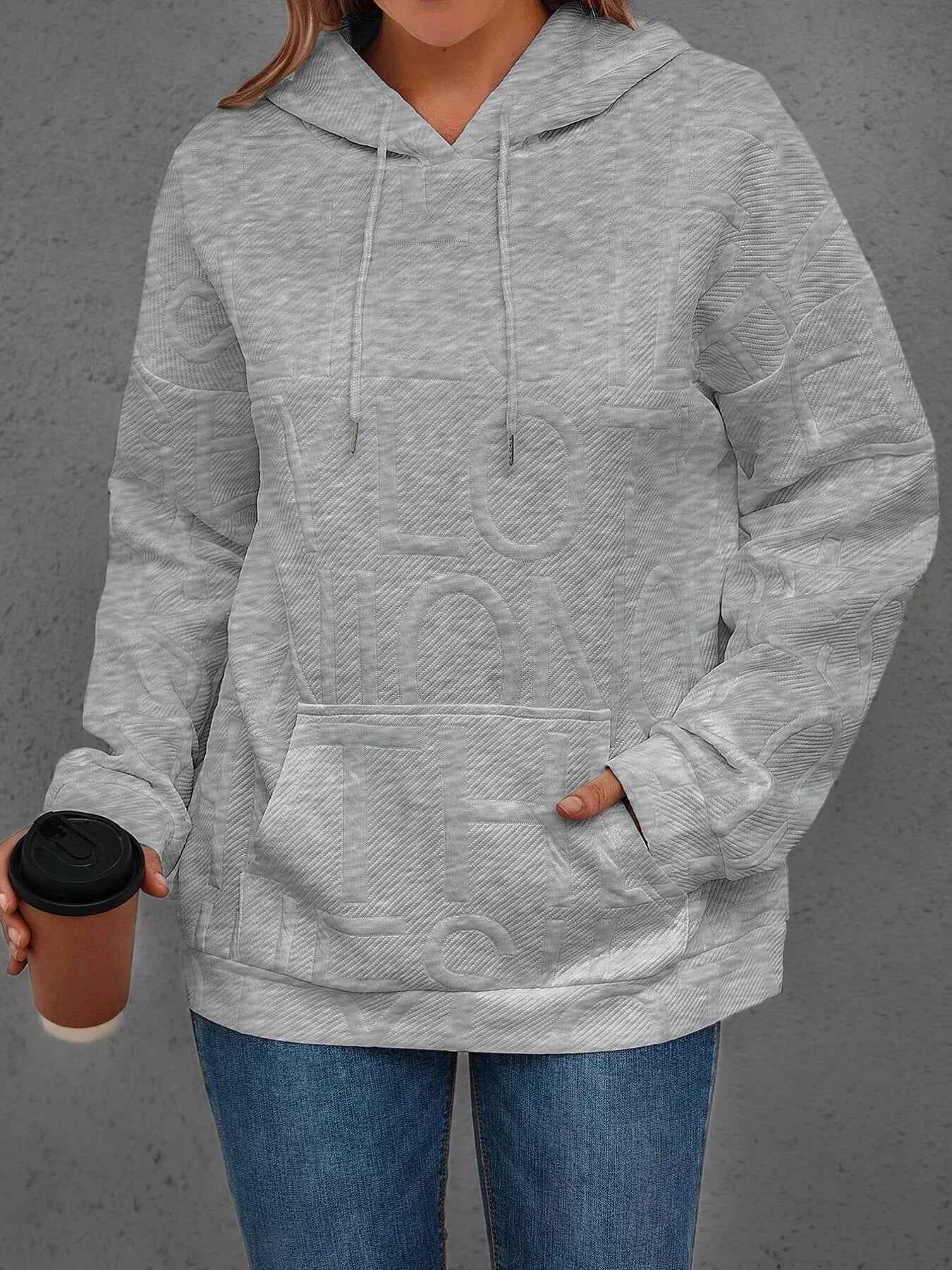 Full Size Textured Embossed Long Sleeve Hoodie Plus Size