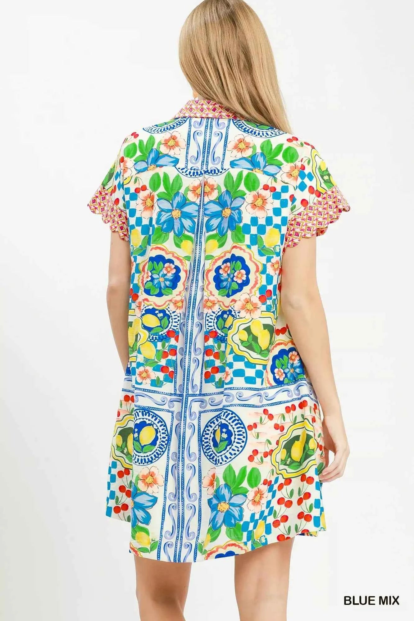 Umgee Mediterranean Print Dress with Contrast Printed Trim