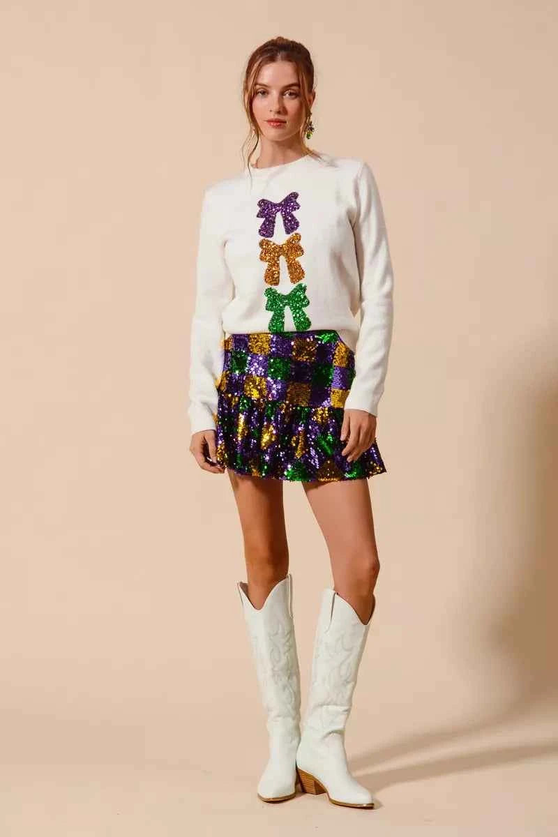 SO ME Mardi Gras Checker Sequins Mini Skirt