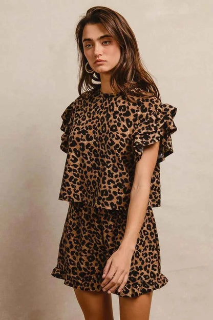 BiBi Leopard Print Waffle Texture Layered Ruffle Sleeve Top and Shorts Set