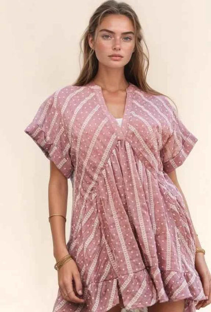 Davi & Dani Embroidery V Neck Short Sleeve Ruffled Mini Dress