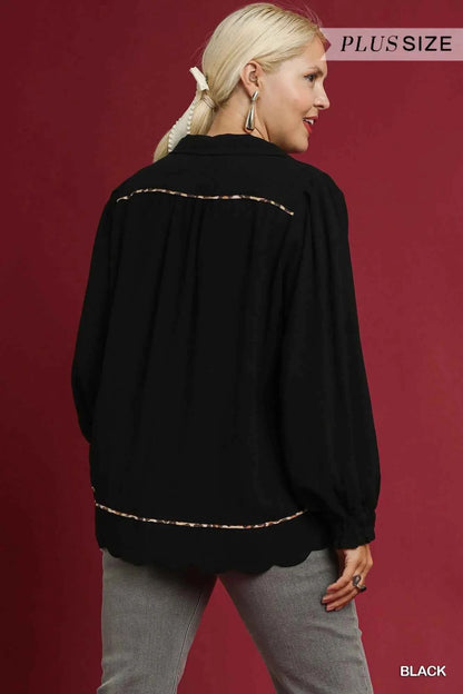 Umgee Full Size Linen Scallop Hem Blouse with Contrast Trim Plus Size