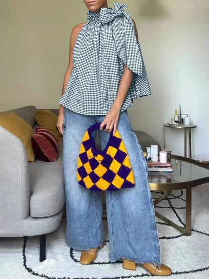 Asymmetric Gingham Bow Tie Sleeveless Top