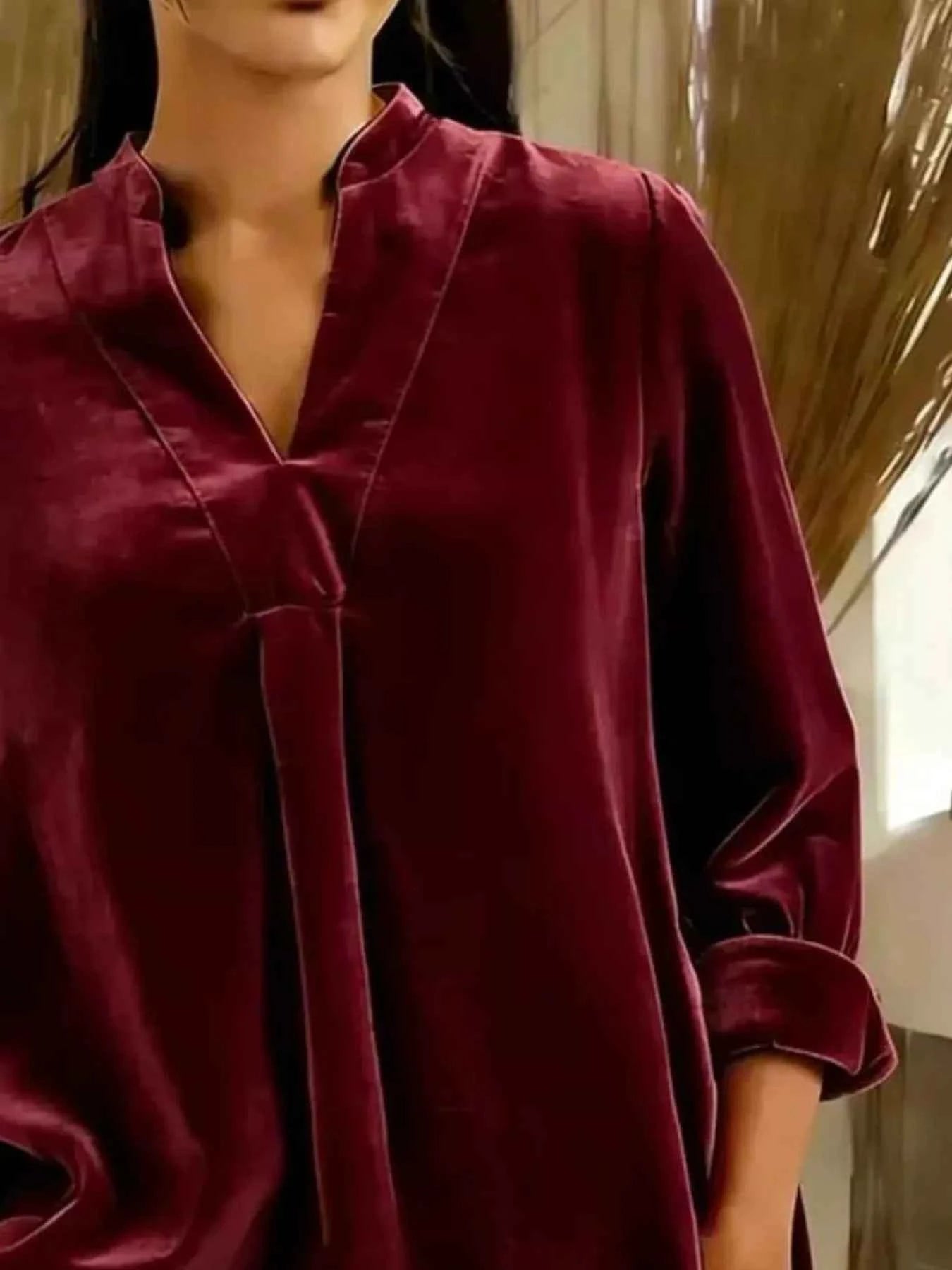 Full Size Velvet Notched Long Sleeve Blouse Plus Size