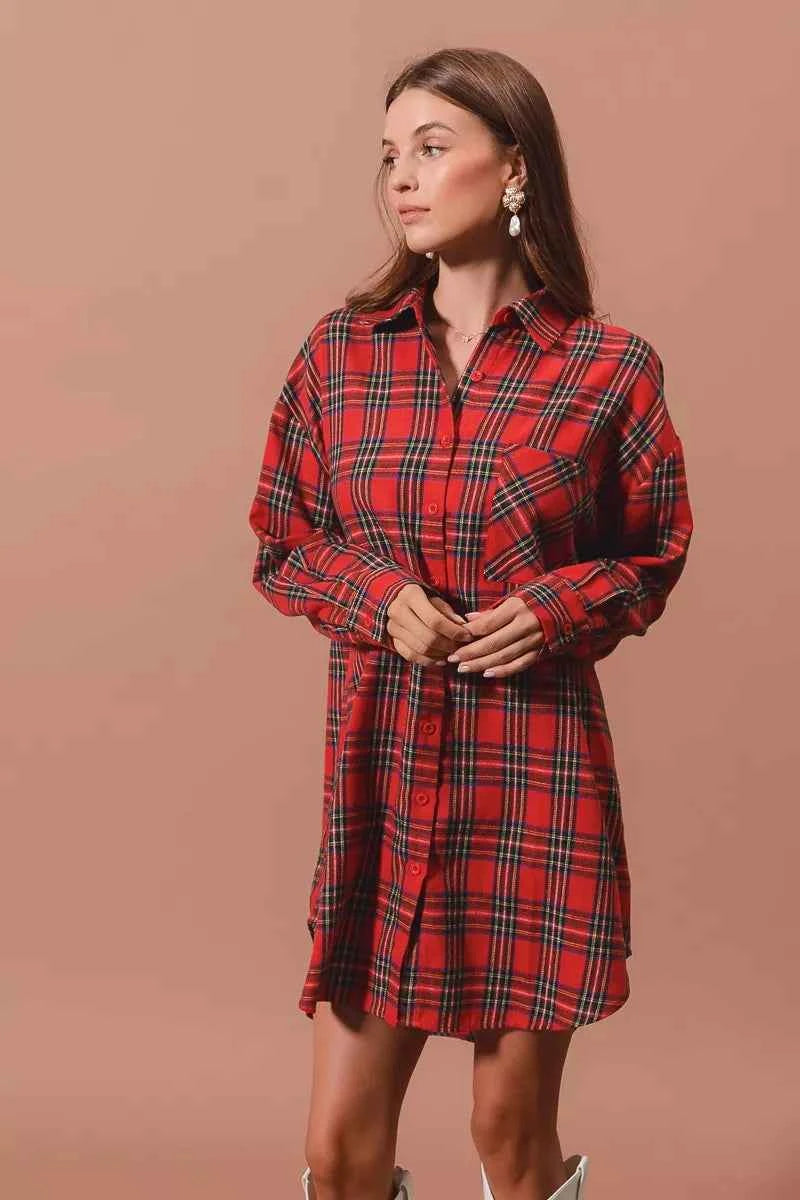 SO ME Christmas Checker Plaid Button Up Shirt Dress