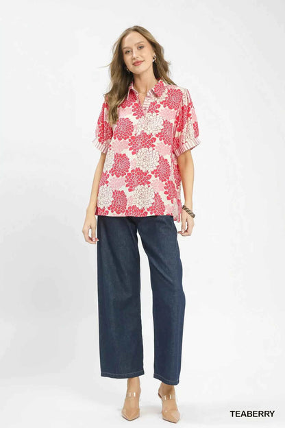 Umgee Floral Collared Short Sleeve Blouse