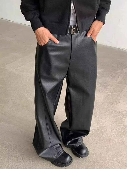 Men's Full Size Leather Wide-Leg Pants Plus Size