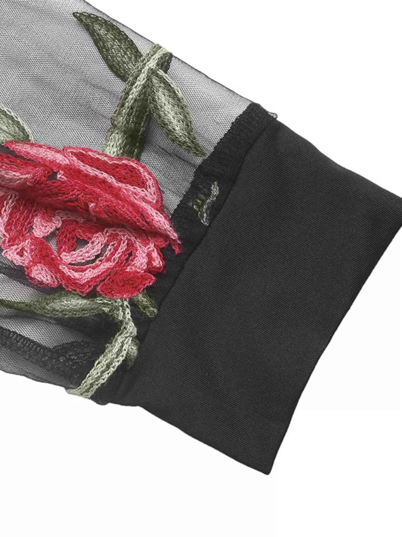 Floral Mesh Sleeve V-Neck Top