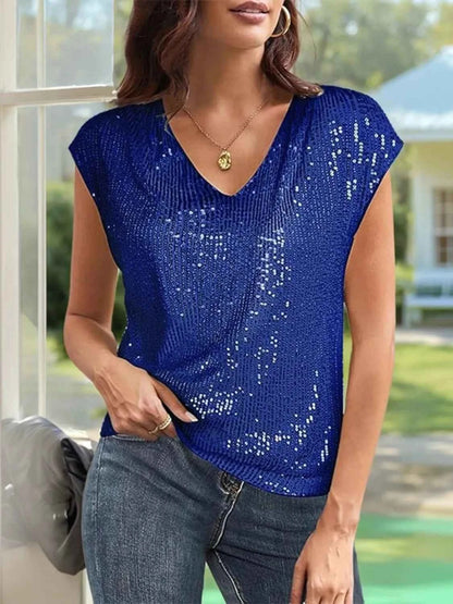 V-Neck Sequin Cap Sleeve Top