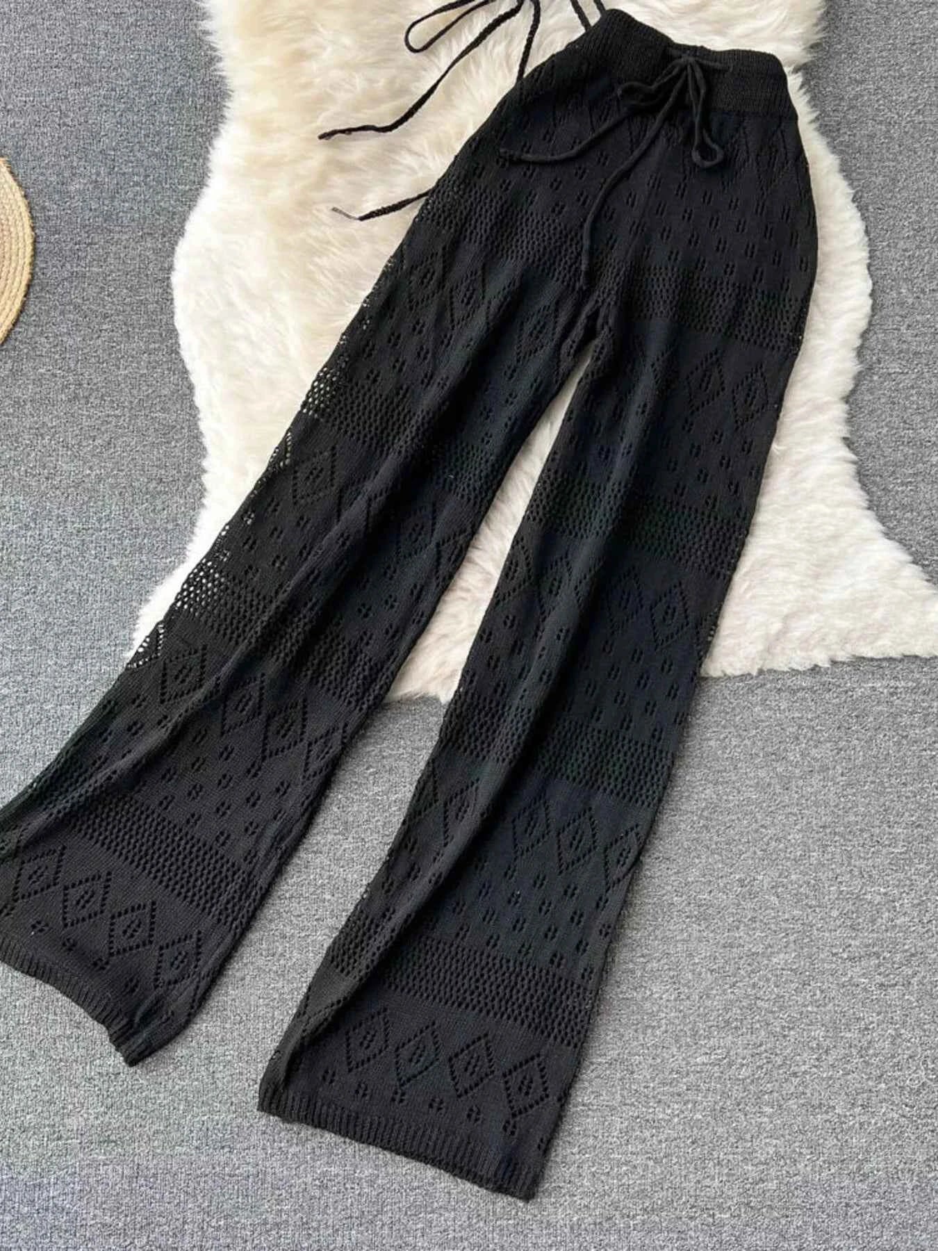 Crochet Knit Halter Neck Top and Wide Leg Pants Set