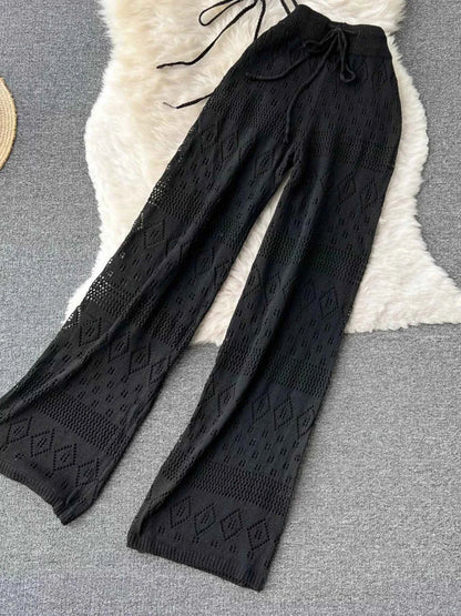 Crochet Knit Halter Neck Top and Wide Leg Pants Set