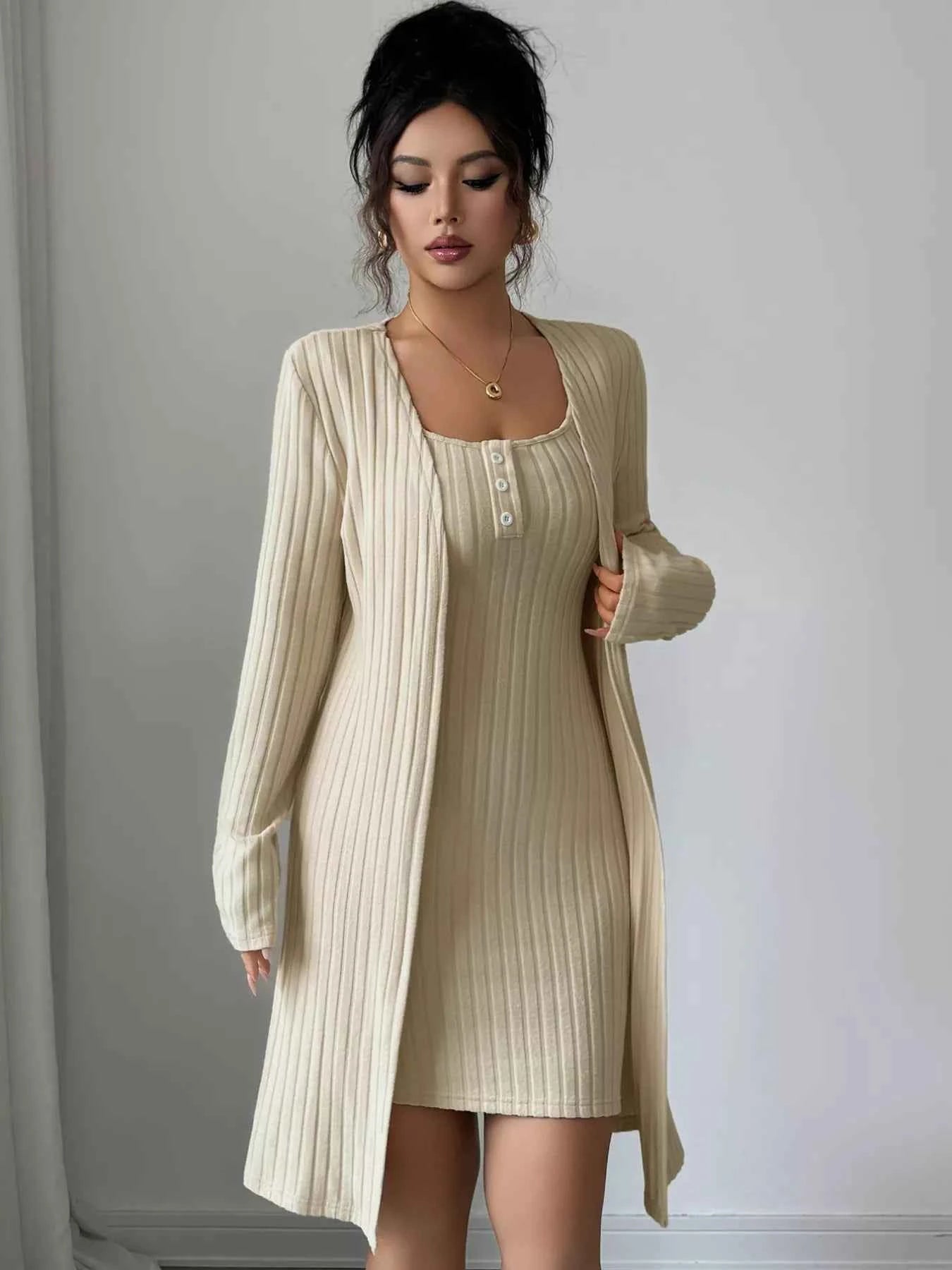 Ribbed Knit Cardigan & Dress Sweater Set