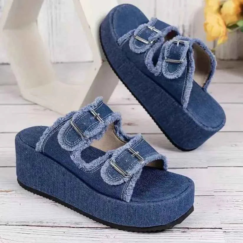 Raw Hem Wedge Buckle Sandals