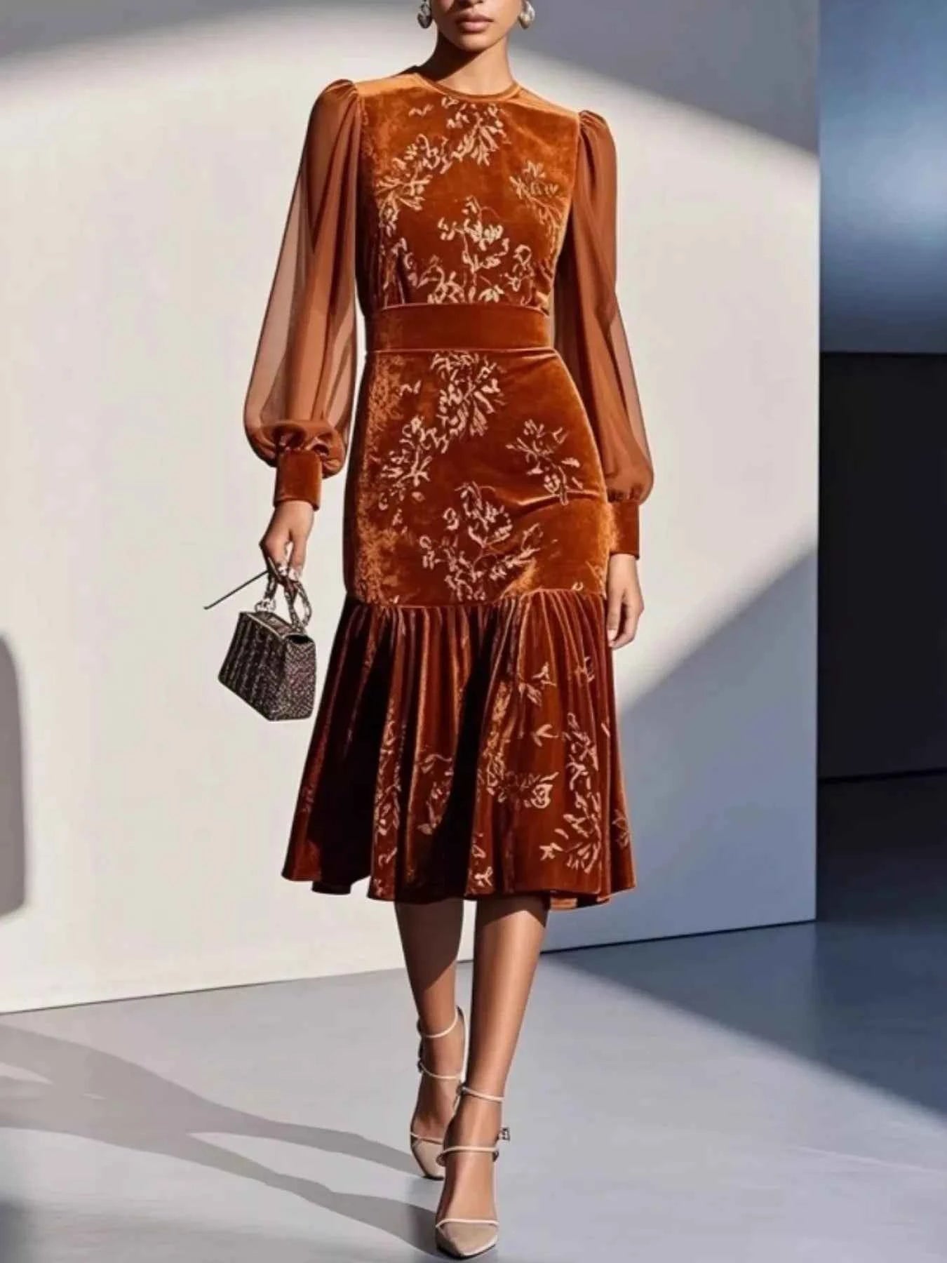 Velvet Floral Lantern Sleeve Midi Dress