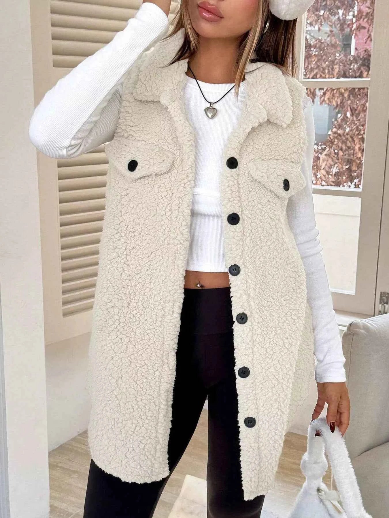 Button-Down Sherpa Fleece Vest Coat
