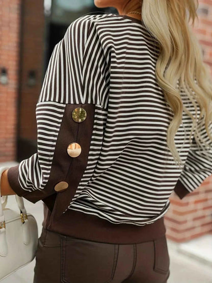 Striped Button Decor Dropped Shoulder Sweatshirt