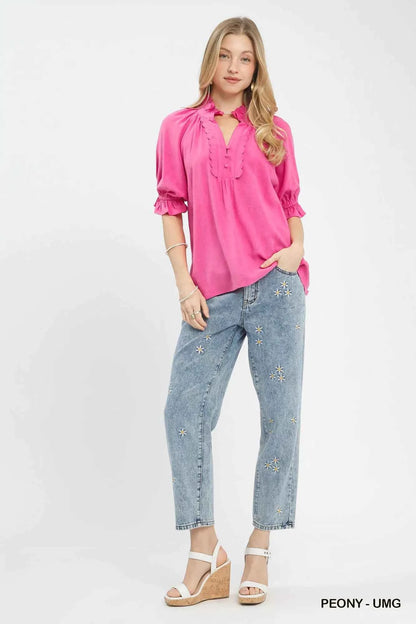 Umgee Linen Scalloped Ruffle Neck Blouse