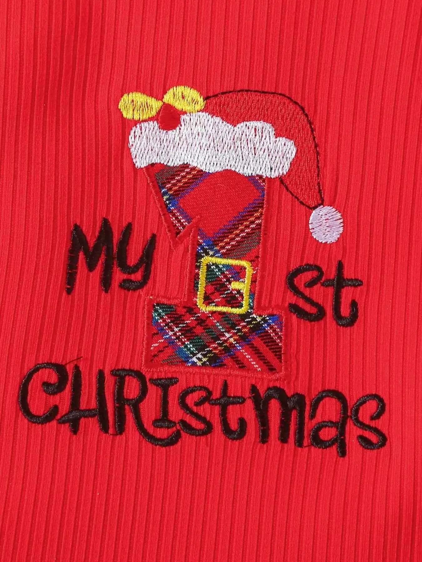 Children's First Christmas Bodysuit and Plaid Dress Outfit Set with Headband
