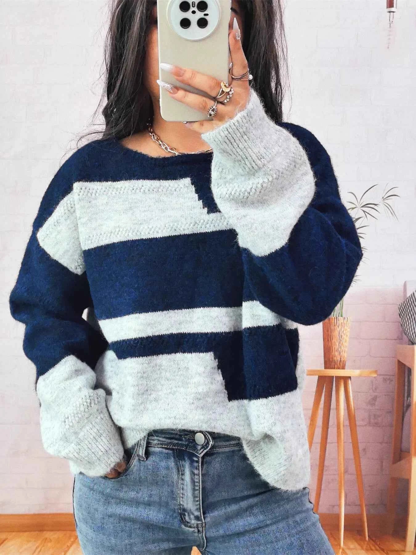 Color Block Round Neck Sweater