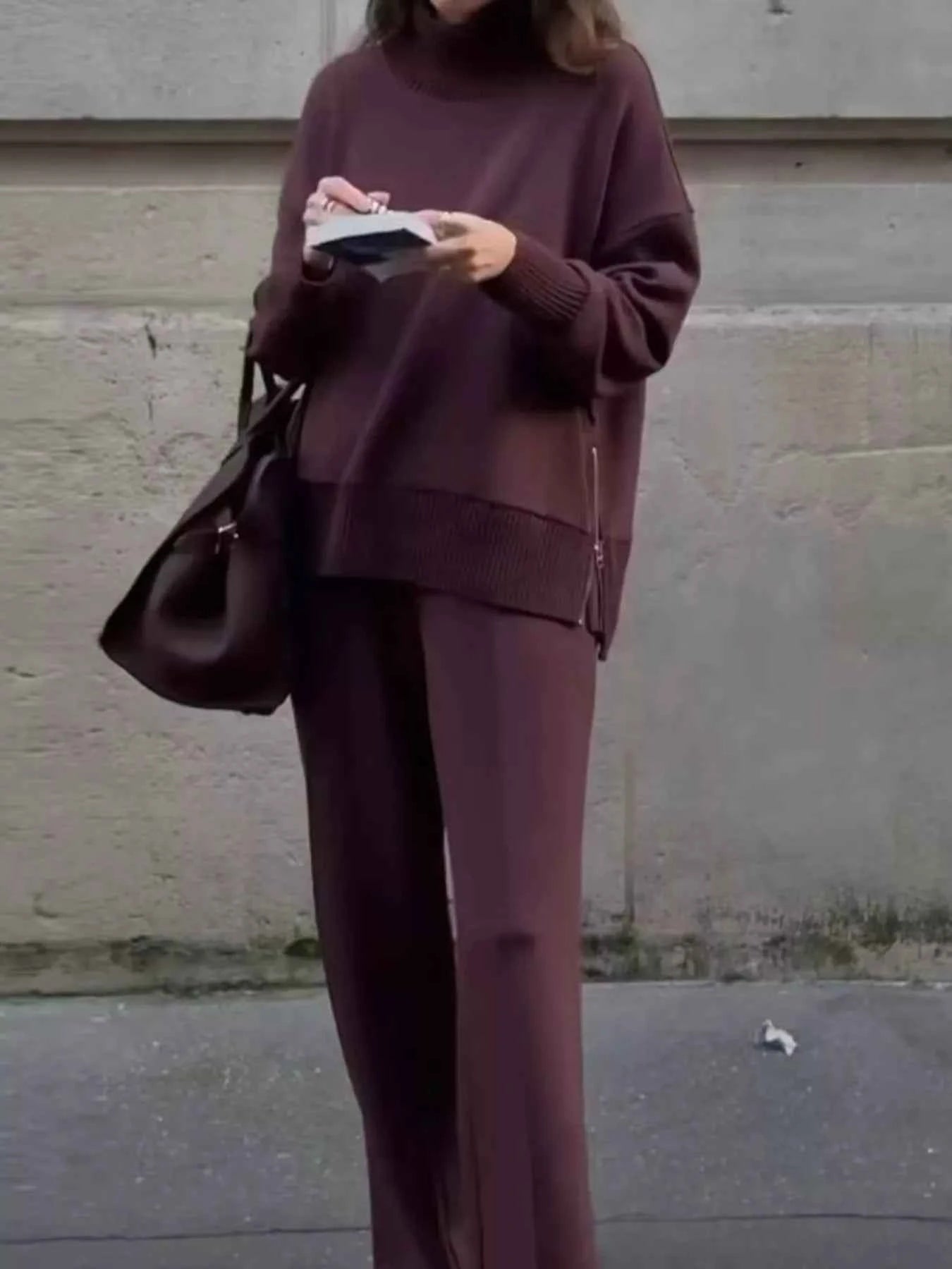 Turtleneck Side Zipper Sweatshirt and Pants Set