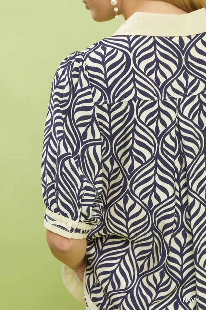 Umgee Geometric Leaf Print Popover Top