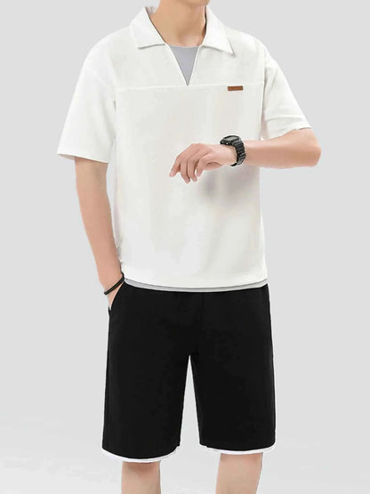 Men's Plus Size Johnny Collar Top and Shorts Set