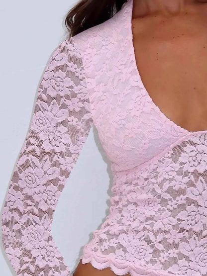 Floral Lace Long Sleeve Deep V-Neck Blouse with Scalloped Hem