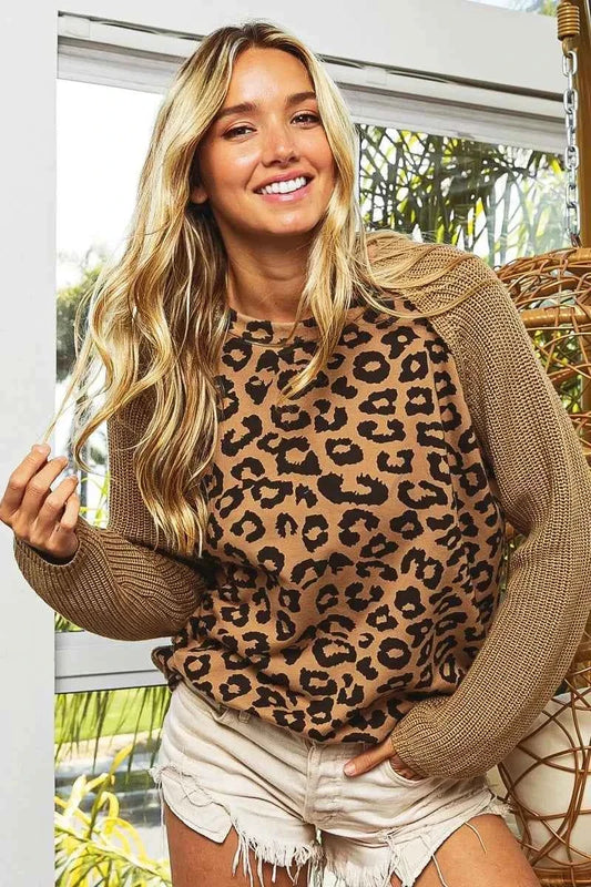 BiBi Leopard Pattern Front Raglan Sleeve Sweater