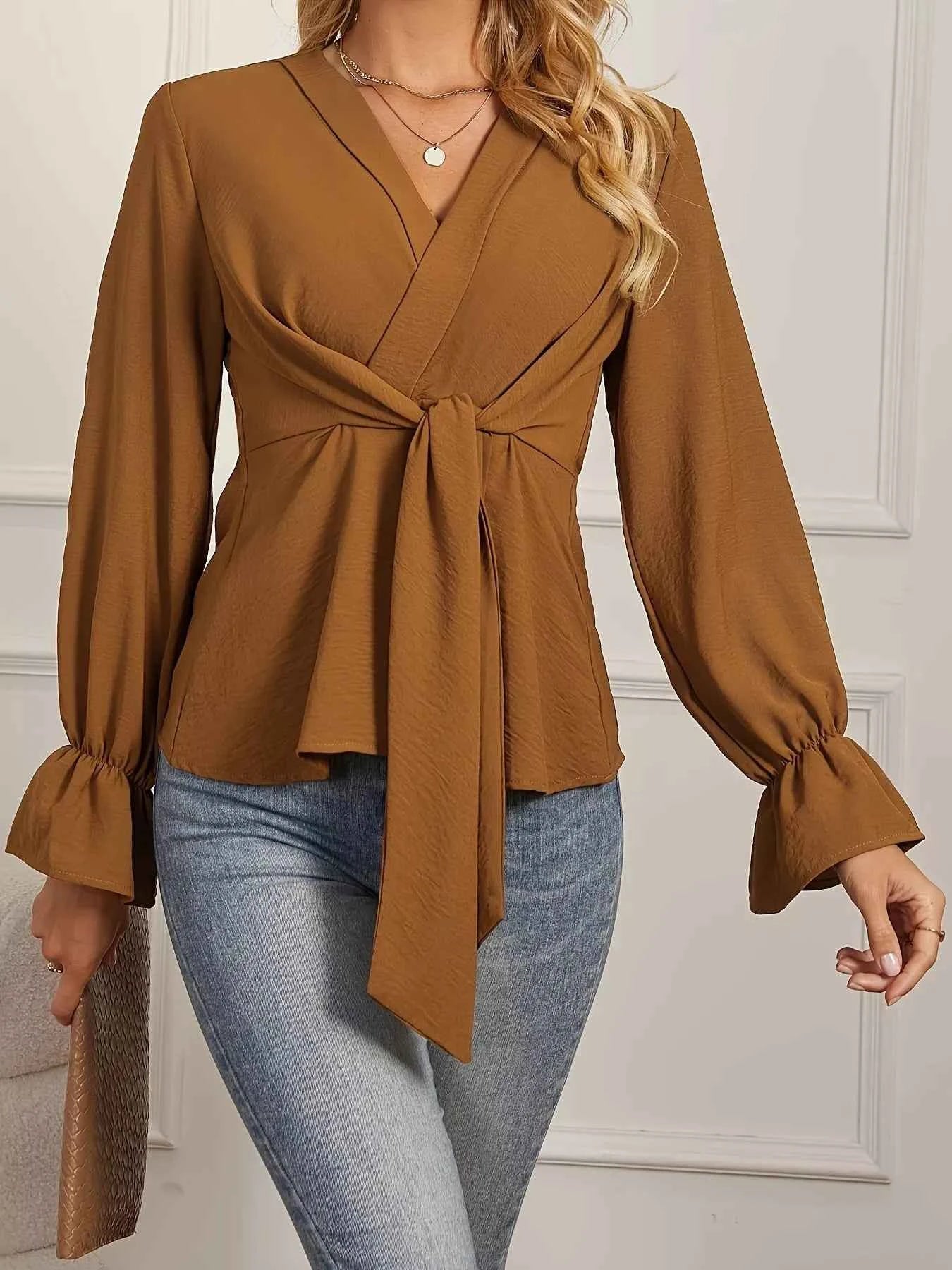 Knot Front Long Sleeve Blouse