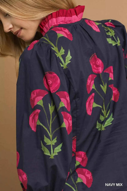 Umgee Floral Print Ruffle Trim Puff Sleeve Blouse