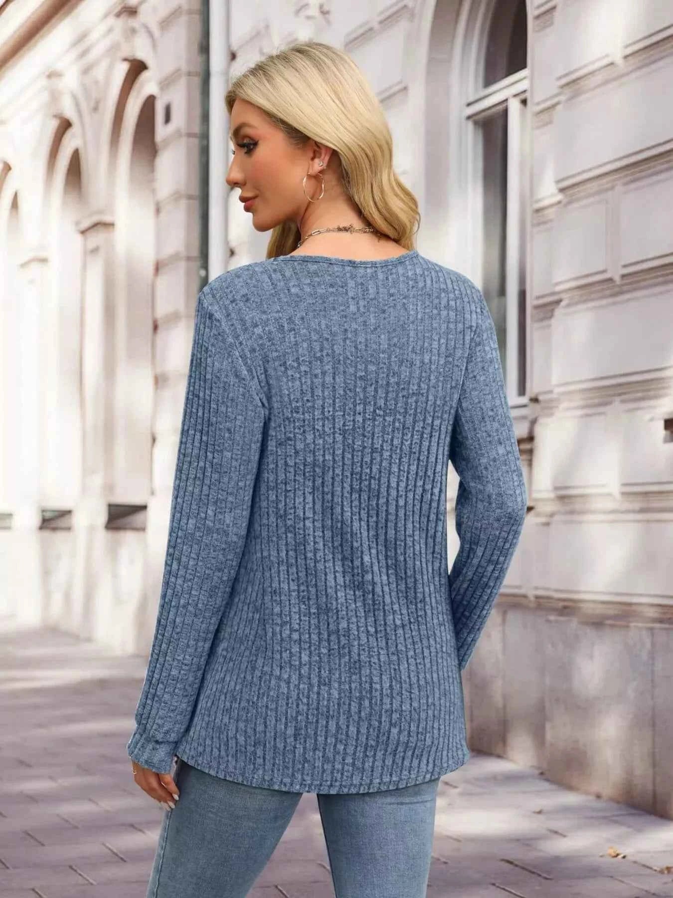 Ribbed Knit Button-Front Long Sleeve T-Shirt
