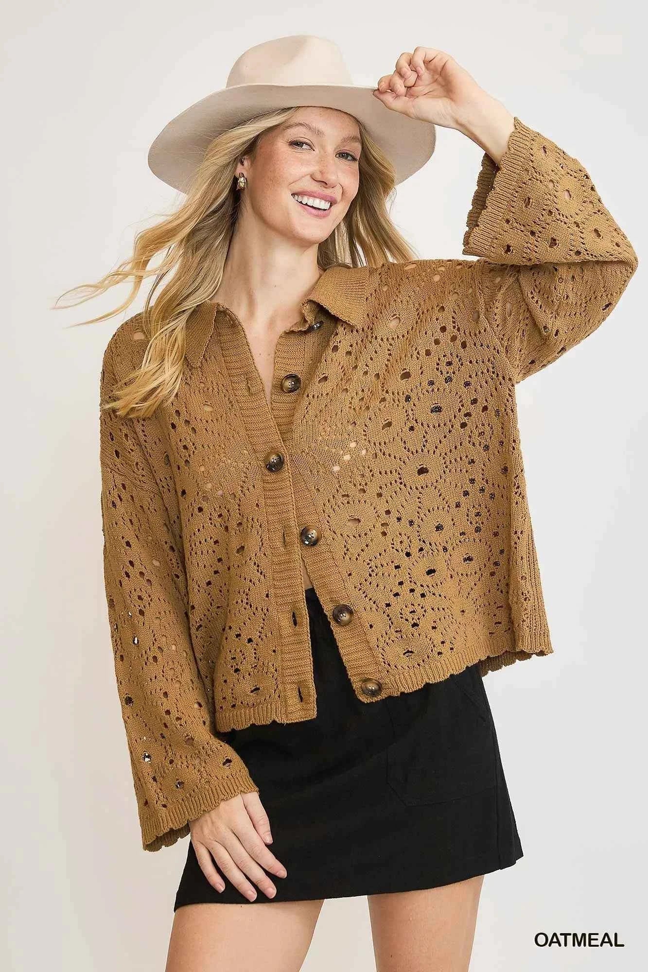 Umgee Crochet Button Down Knit Cardigan