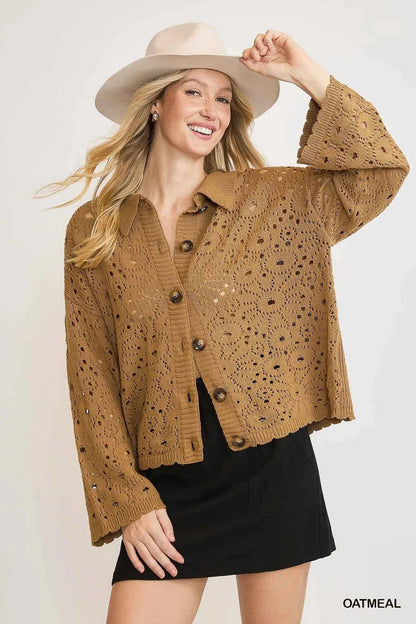 Umgee Crochet Button Down Knit Cardigan