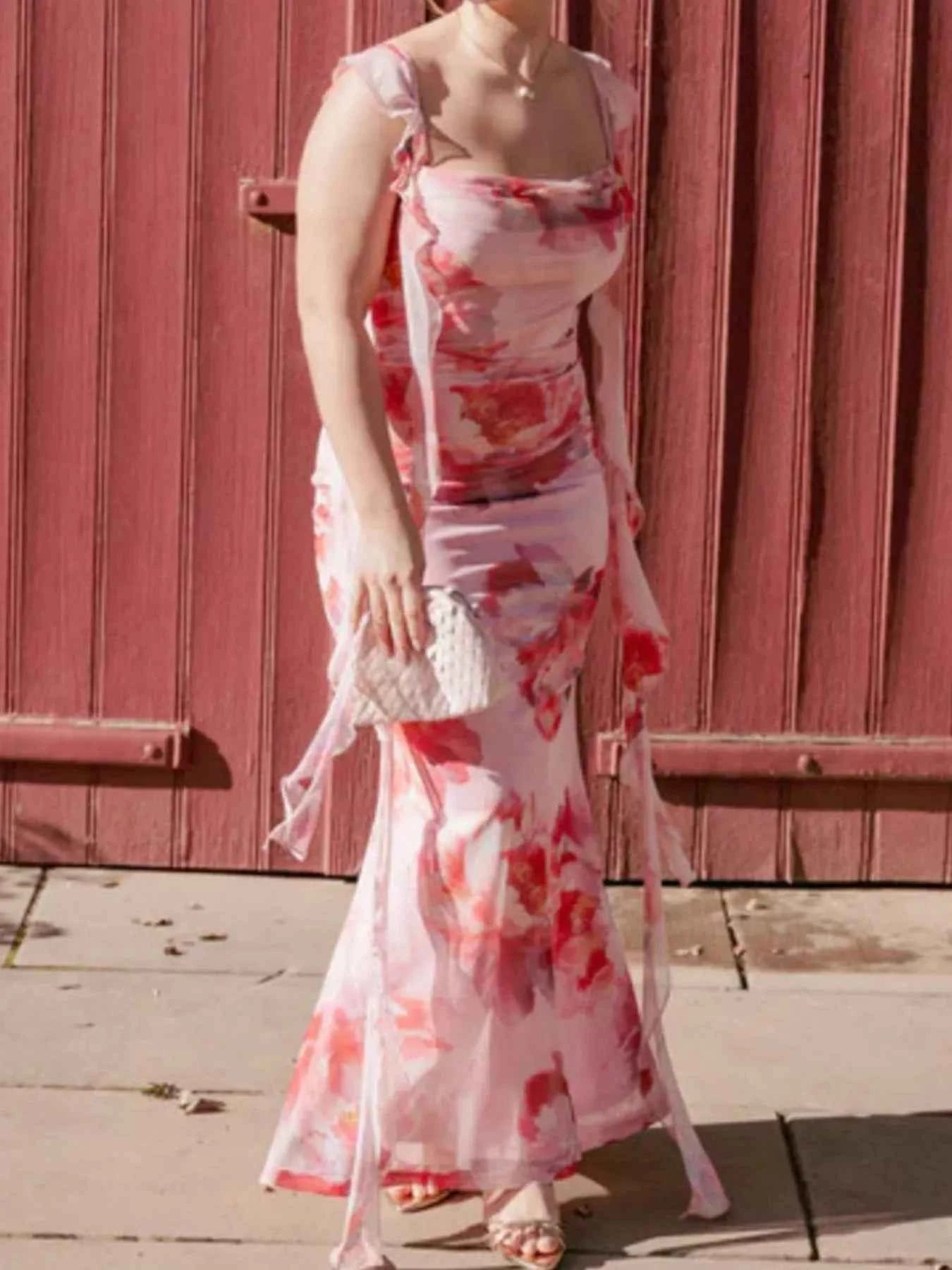 Floral Print Ruffle Trim Bodycon Maxi Dress