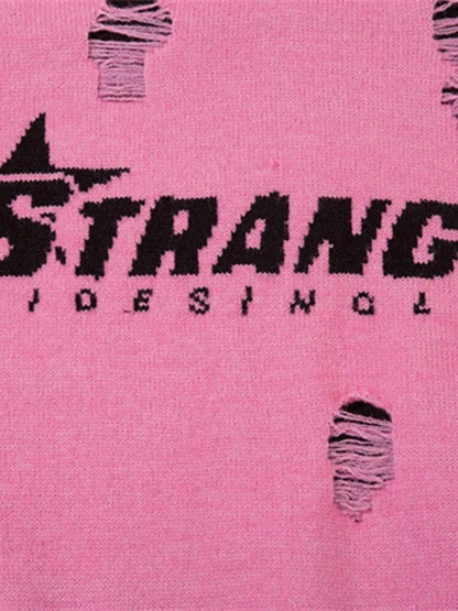 Men's Distressed Letter Round Neck Sweater