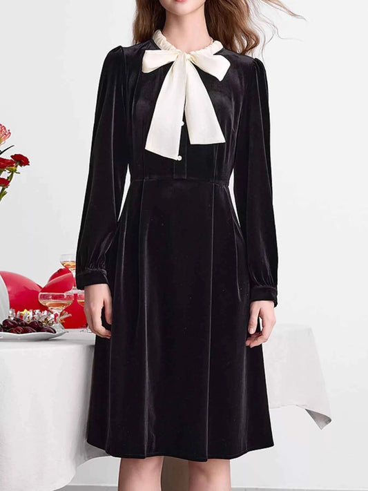 Velvet Bowknot Long Sleeve A-Line Dress