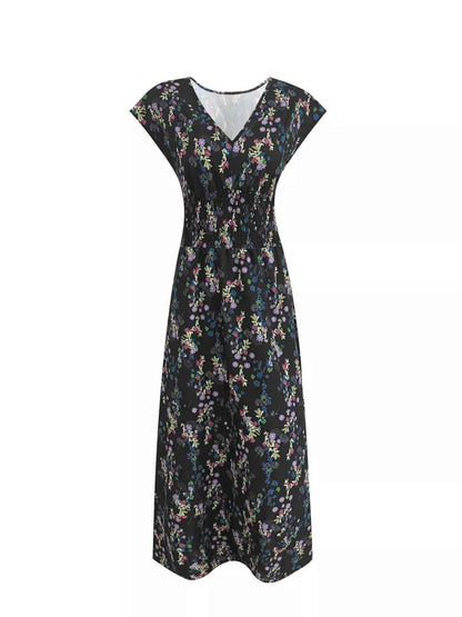 Plus Size Floral V-Neck Cap Sleeve Maxi Dress