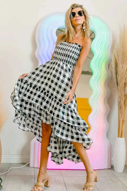 BiBi Smocked Body Off Shoulder Check Dress