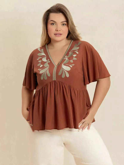 Plus Size Embroidered V-Neck Flutter Sleeve Blouse