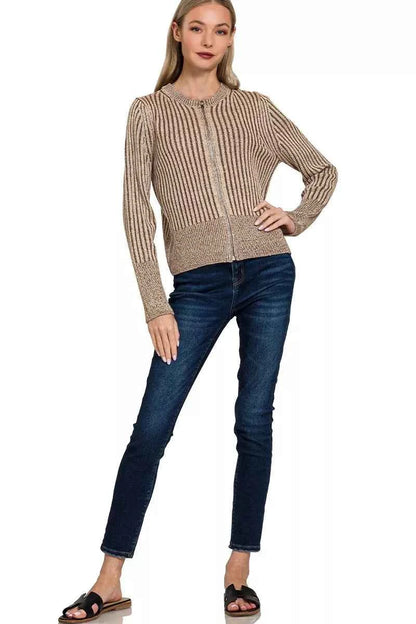 Zenana Ribbed Two Tone Zip Up Sweater Cardigan